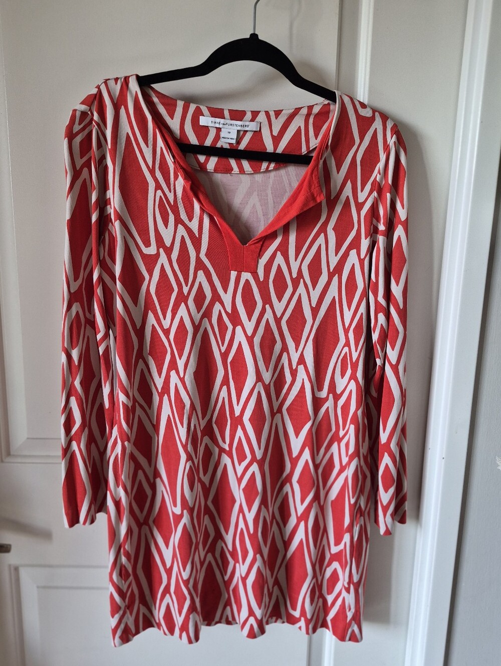 Diane Von Furstenberg Red and Cream Geometric Long-Sleeve V-Neck Dress